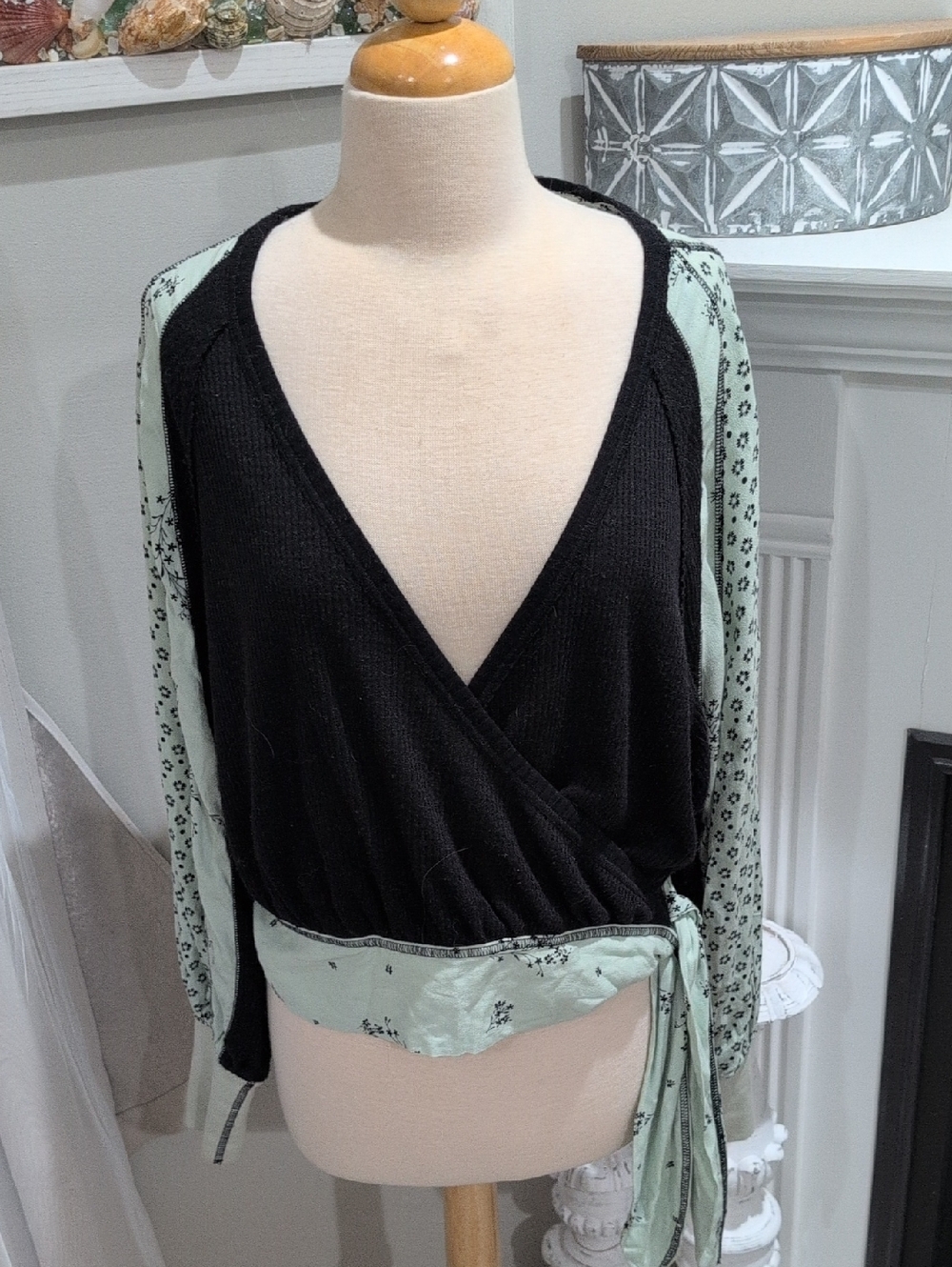 Free People Black Wrap Top with Mint Printed Sleeves Size XS